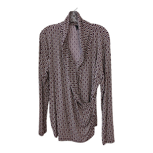 Ann Taylor Women’s XL Long Sleeve Blouse | Maroon Geometric Chain Print | Draped Crossover Front