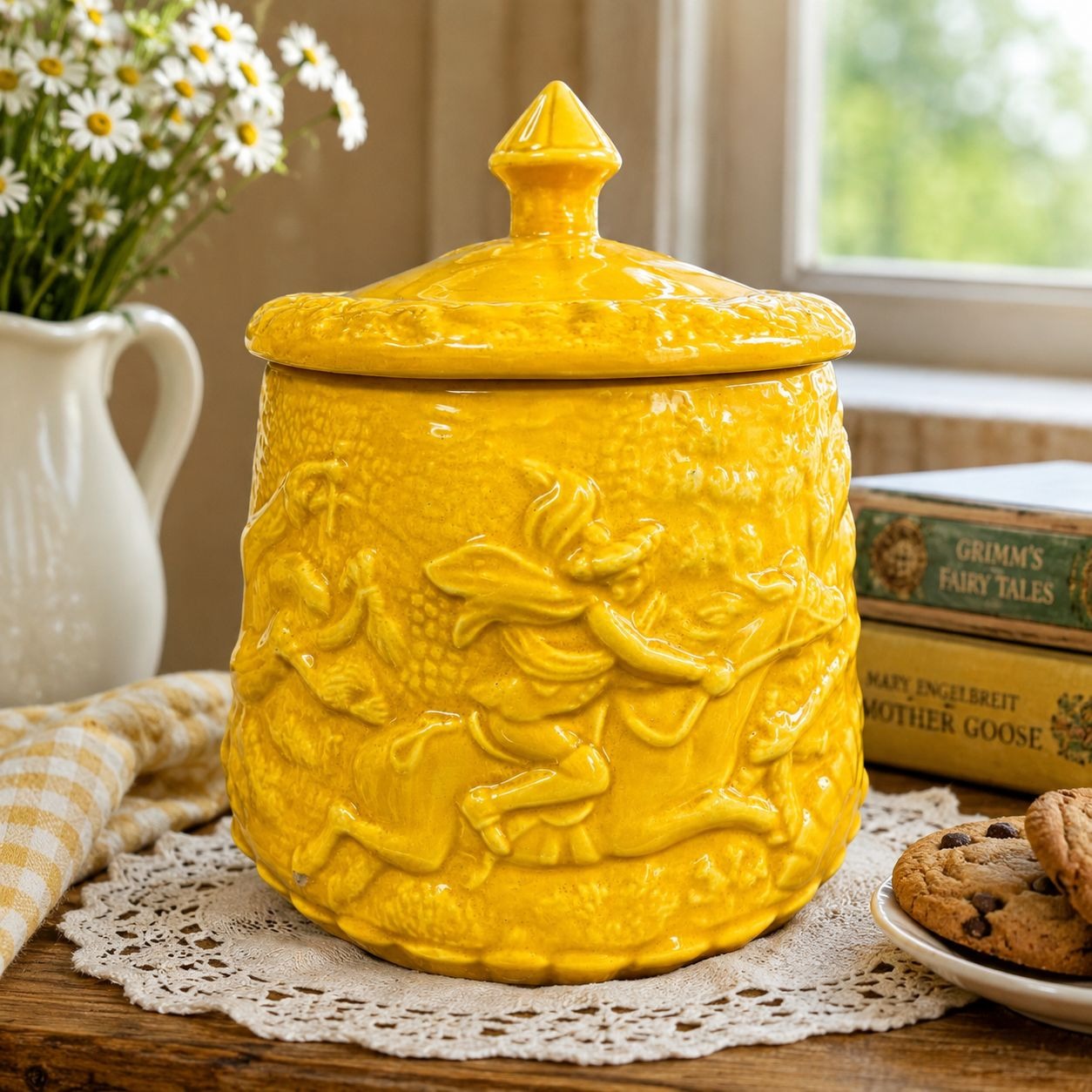 Vintage Signed By Sande Yellow Fairy Tale Cookie Jar Studio Pottery Storybook Relief 8.5"