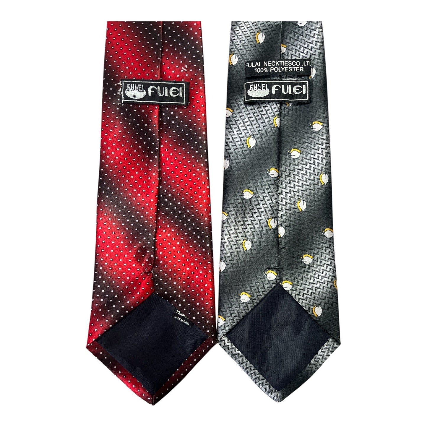 Vintage Fulei Men’s Neckties – Red Black Striped Dots & Gray Geometric Pattern