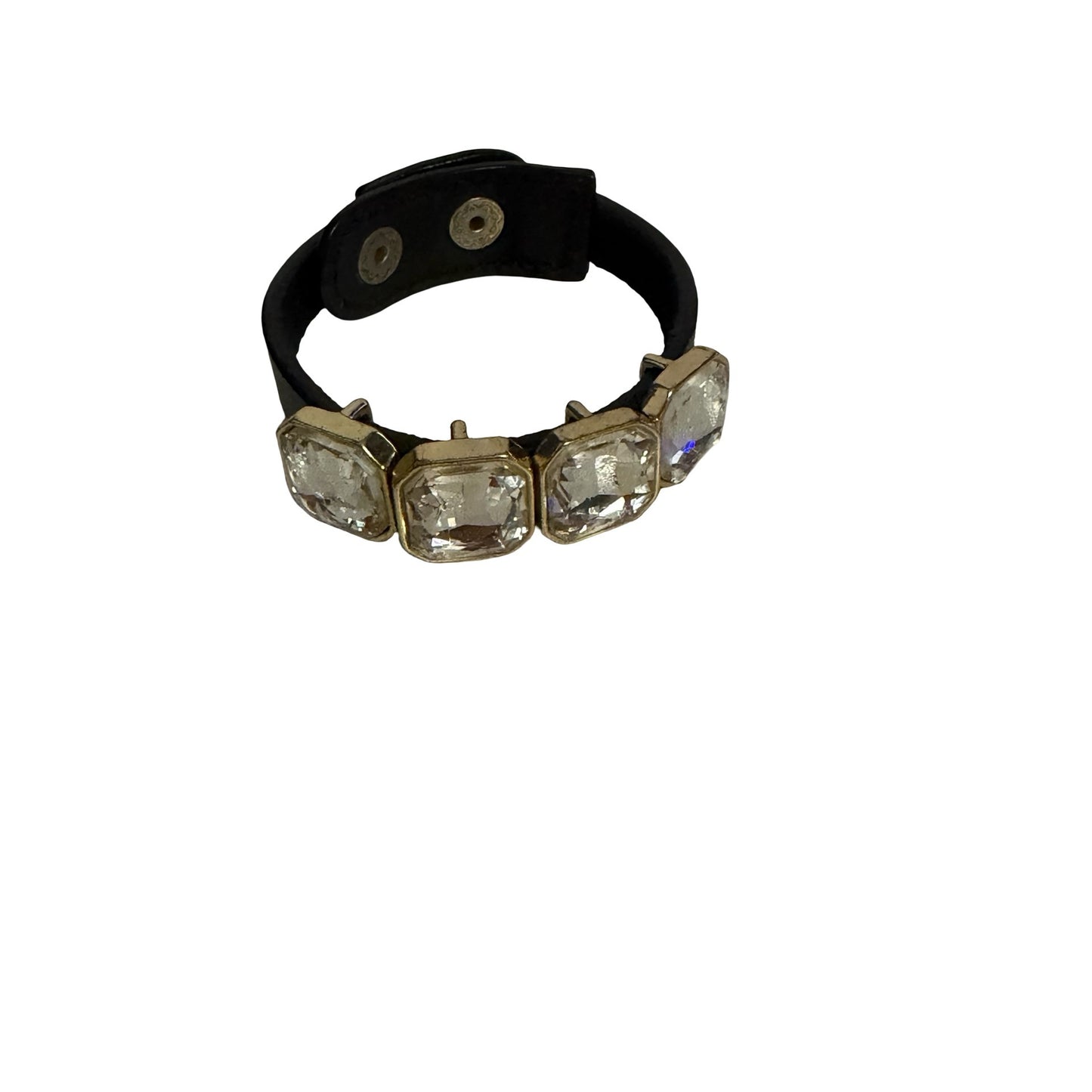 Black Leather Crystal Cuff Bracelet Gold Tone Clear Rhinestone Snap Closure 8 Inch
