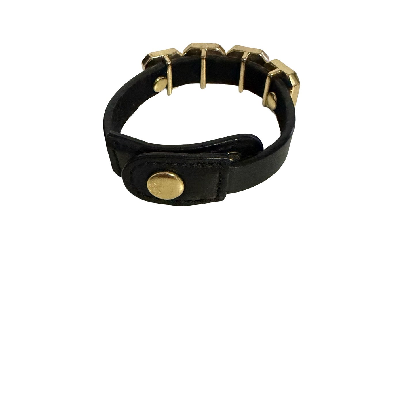 Black Leather Crystal Cuff Bracelet Gold Tone Clear Rhinestone Snap Closure 8 Inch