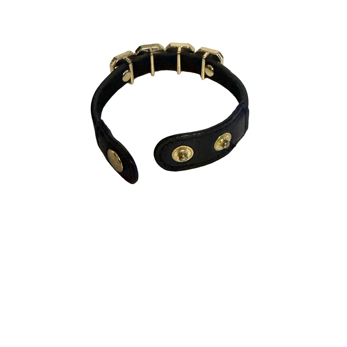 Black Leather Crystal Cuff Bracelet Gold Tone Clear Rhinestone Snap Closure 8 Inch