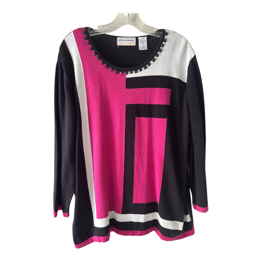 Alfred Dunner Women’s 2X Geometric Colorblock Sweater Top Pink Black White Beaded Neckline