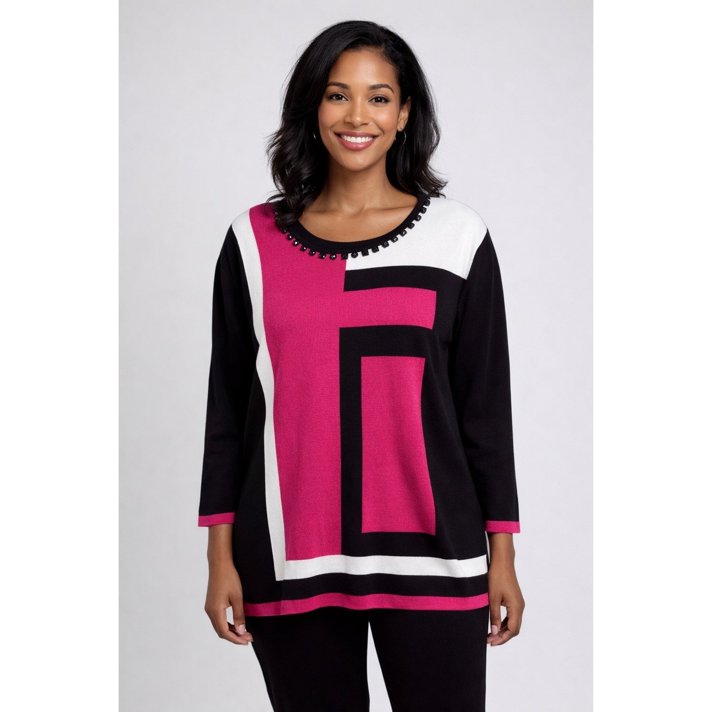 Alfred Dunner Women’s 2X Geometric Colorblock Sweater Top Pink Black White Beaded Neckline