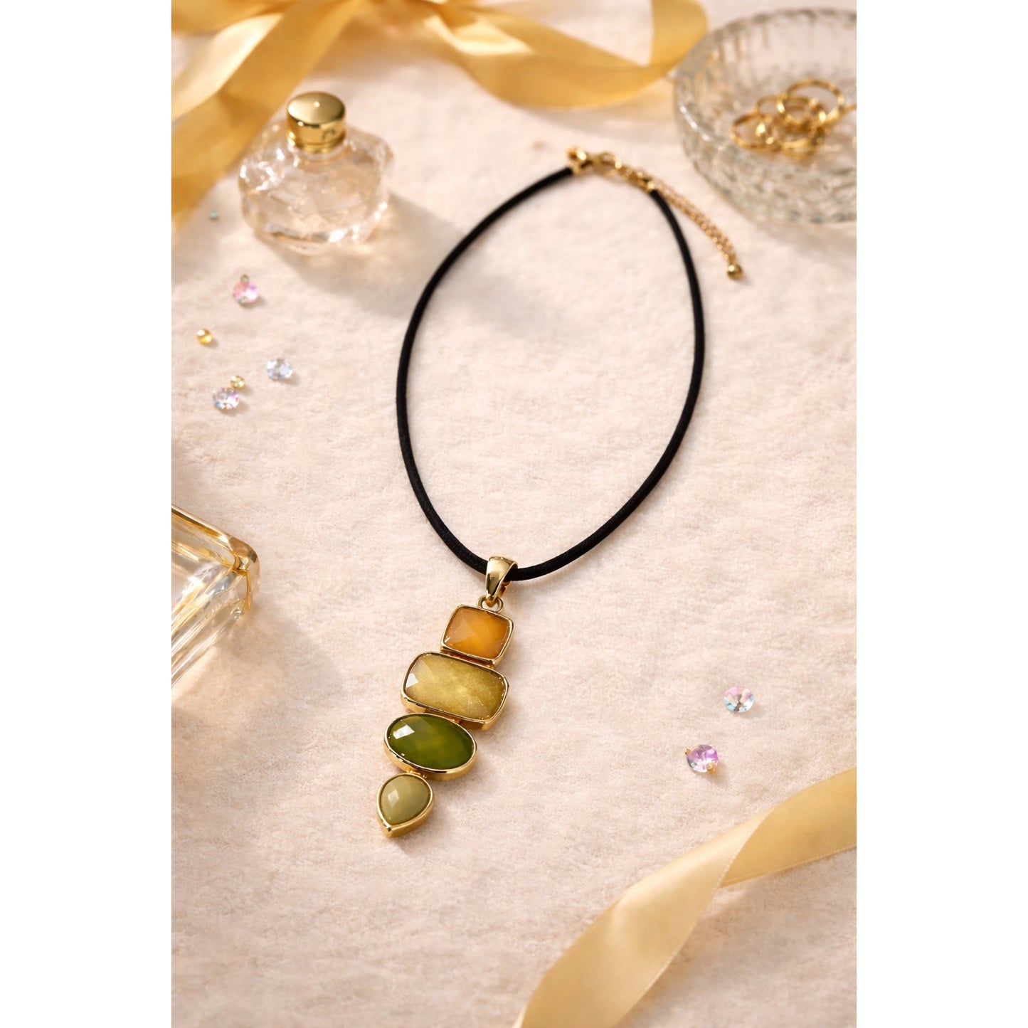 Y2K Lia Sophia Gold Tone Multi Stone Pendant Necklace Black Cord 9” Drop