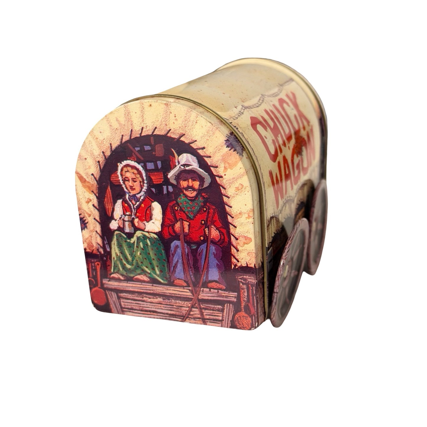 Vintage Giftco Chuck Wagon Tin With Moveable Wheels Western Covered Wagon Candy Tin