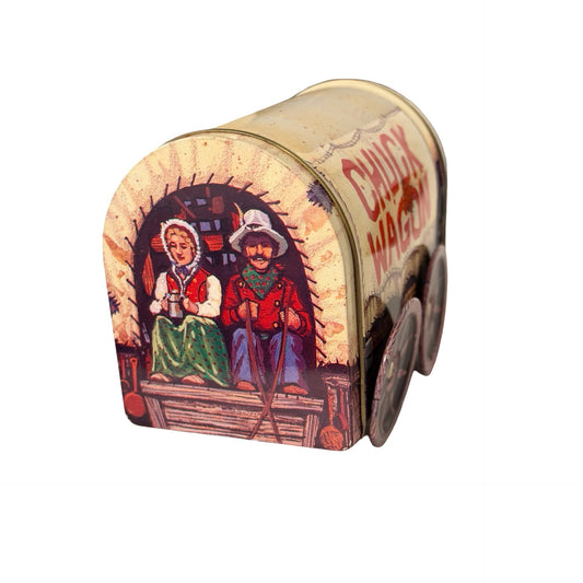 Vintage Giftco Chuck Wagon Tin With Moveable Wheels Western Covered Wagon Candy Tin