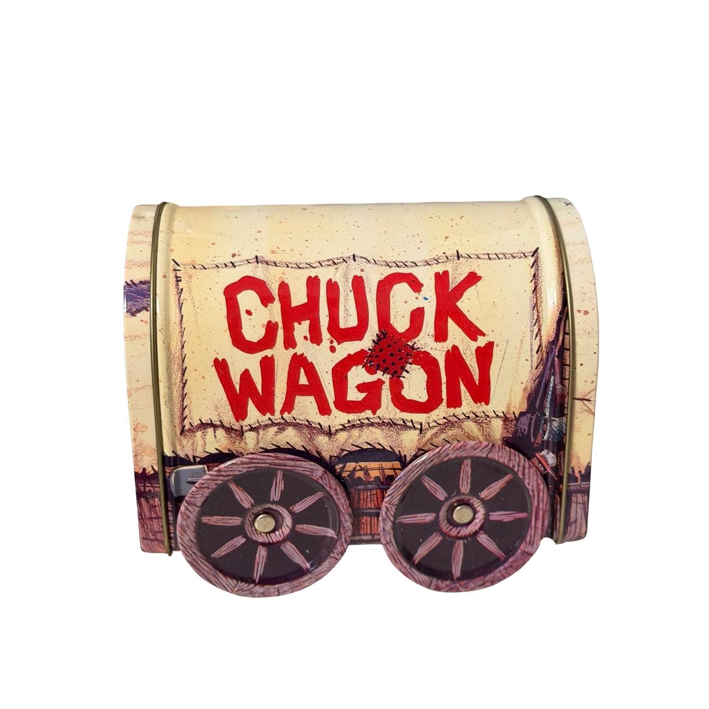 Vintage Giftco Chuck Wagon Tin With Moveable Wheels Western Covered Wagon Candy Tin