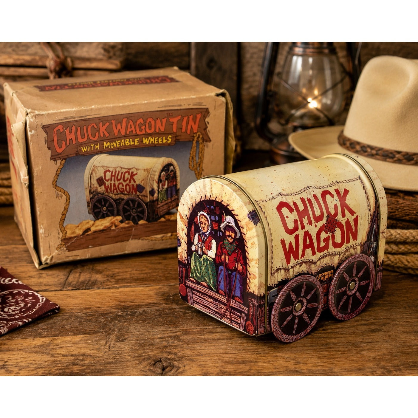 Vintage Giftco Chuck Wagon Tin With Moveable Wheels Western Covered Wagon Candy Tin