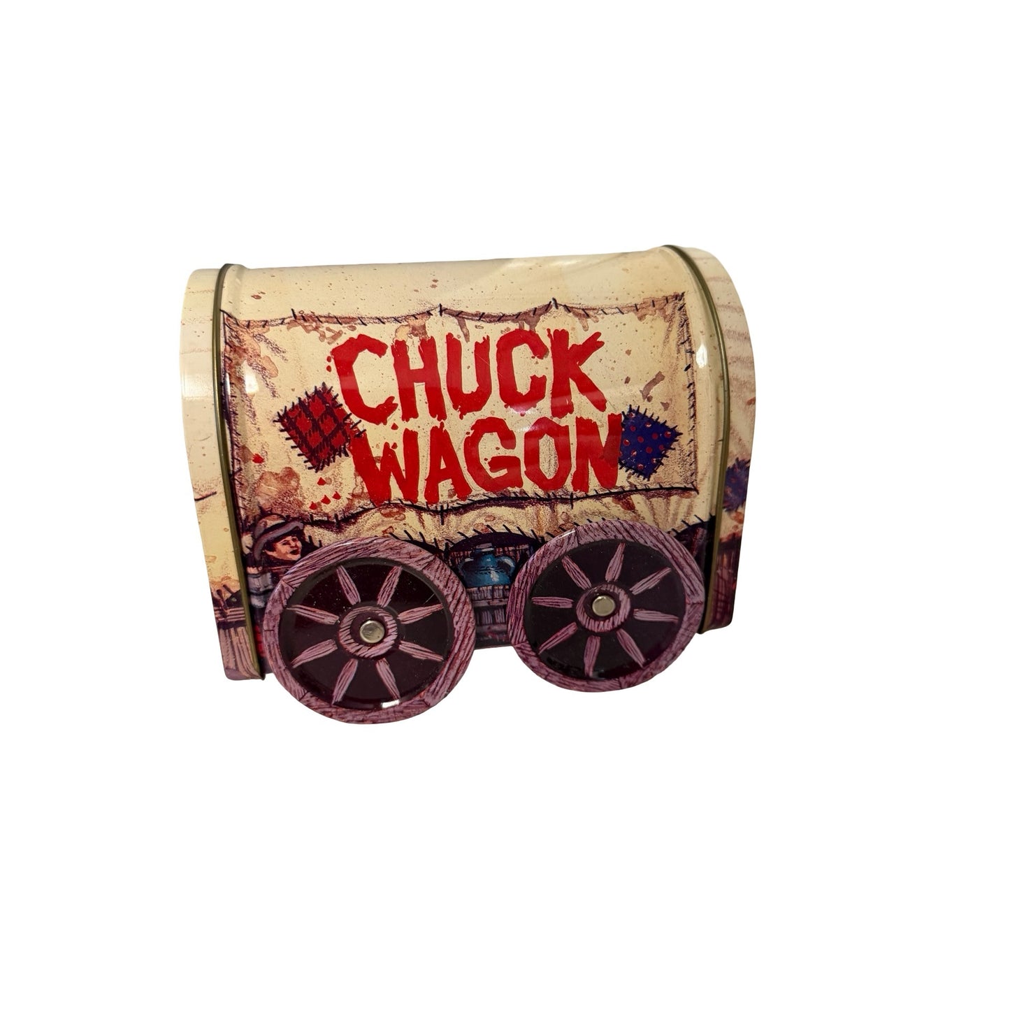 Vintage Giftco Chuck Wagon Tin With Moveable Wheels Western Covered Wagon Candy Tin