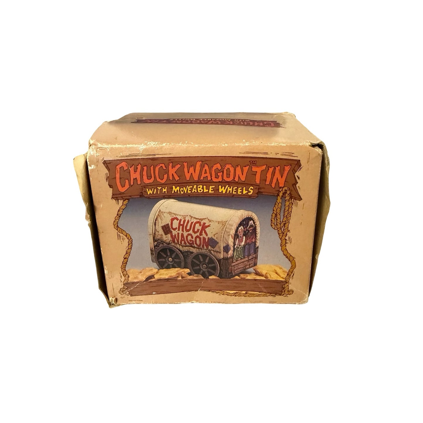 Vintage Giftco Chuck Wagon Tin With Moveable Wheels Western Covered Wagon Candy Tin