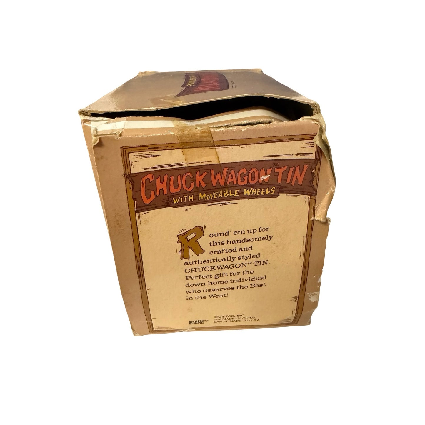 Vintage Giftco Chuck Wagon Tin With Moveable Wheels Western Covered Wagon Candy Tin