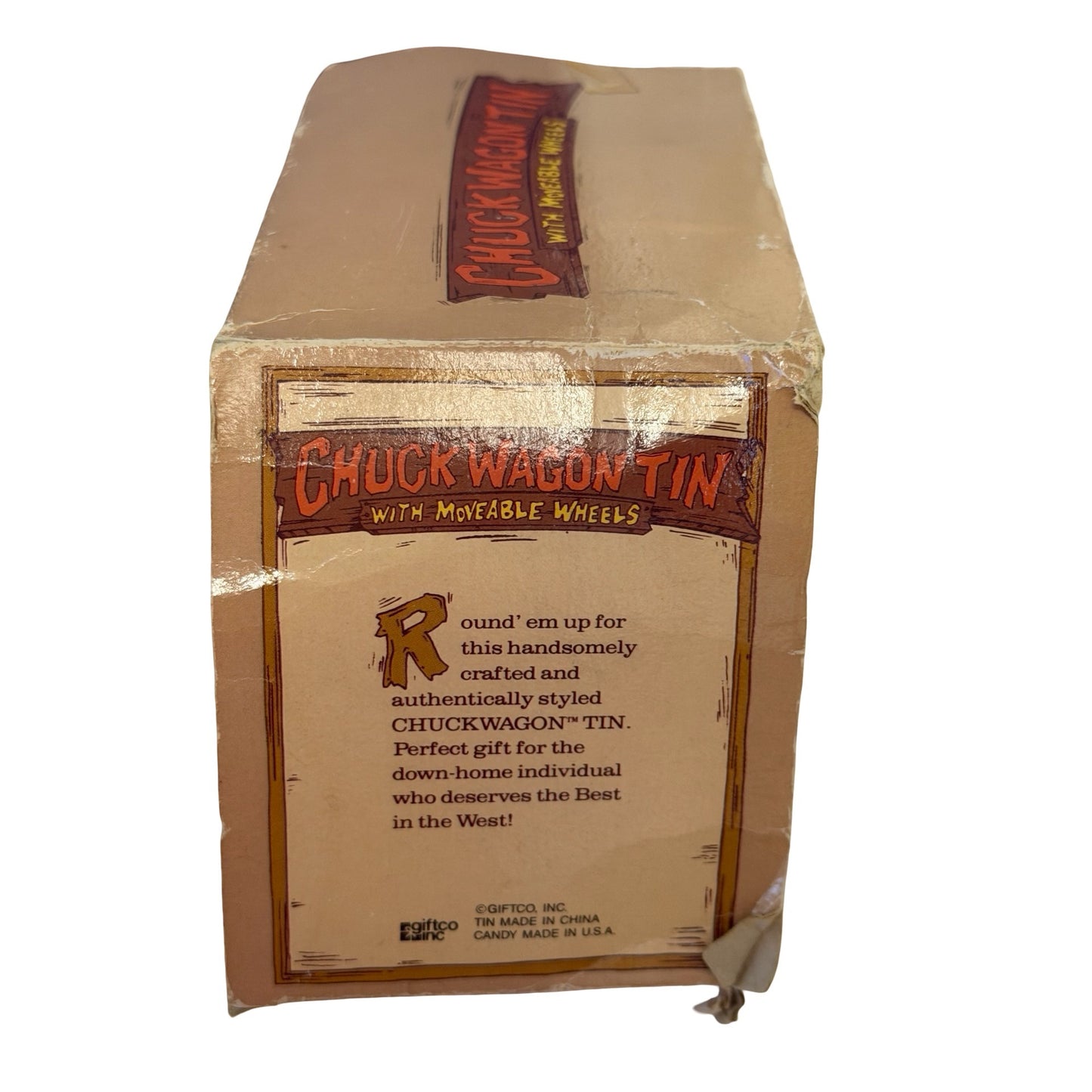 Vintage Giftco Chuck Wagon Tin With Moveable Wheels Western Covered Wagon Candy Tin
