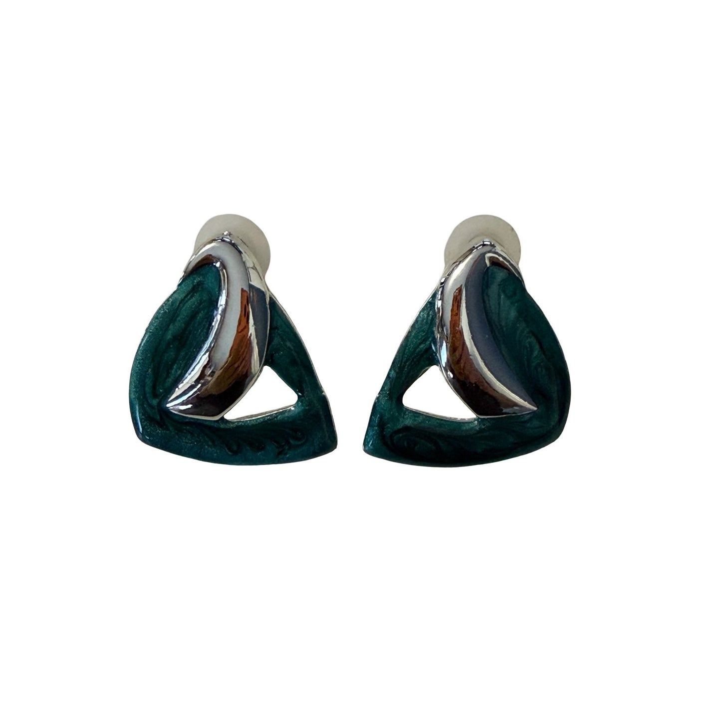 Vintage Green Enamel Silver Tone Triangle Clip On Earrings Abstract Geometric 1x1