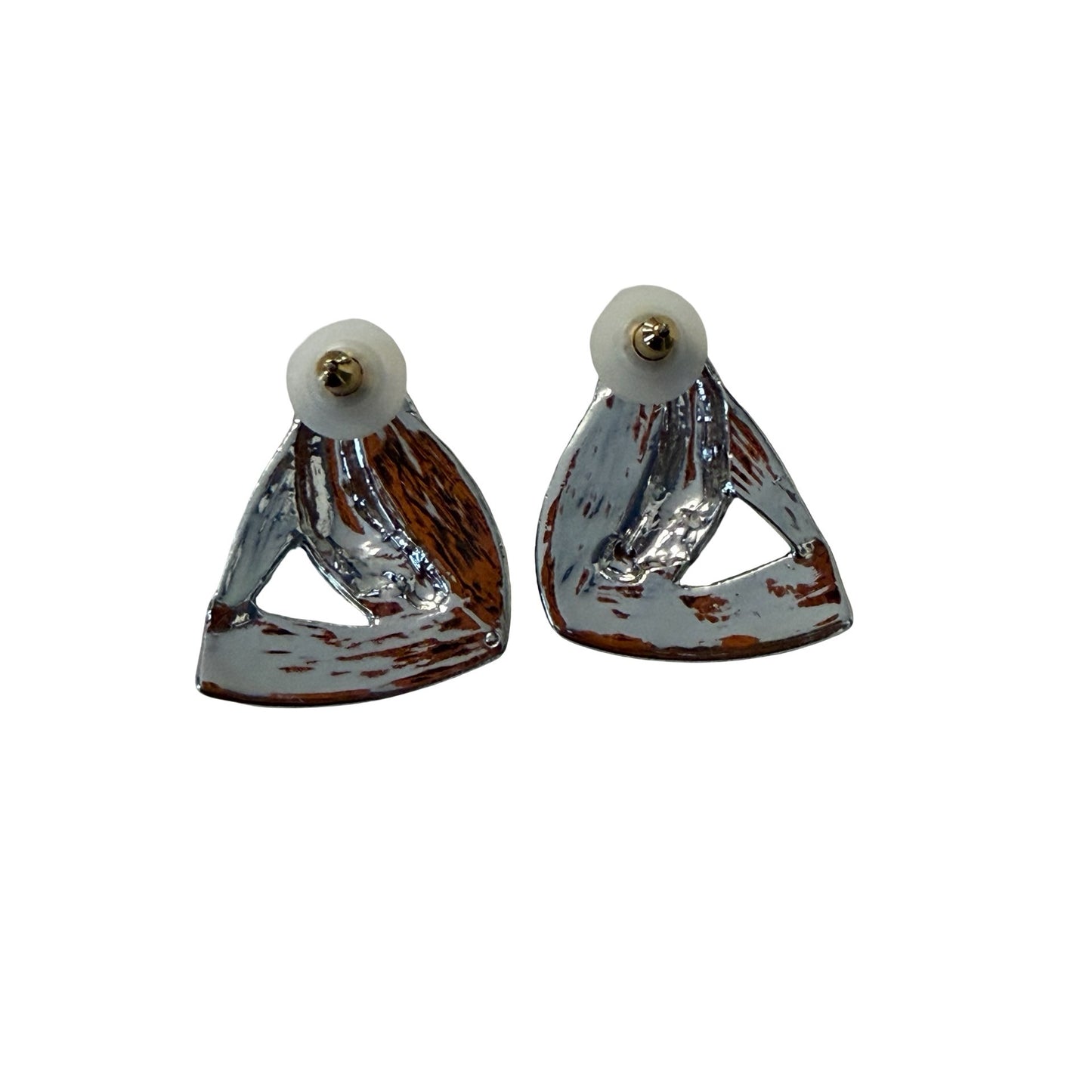 Vintage Green Enamel Silver Tone Triangle Clip On Earrings Abstract Geometric 1x1