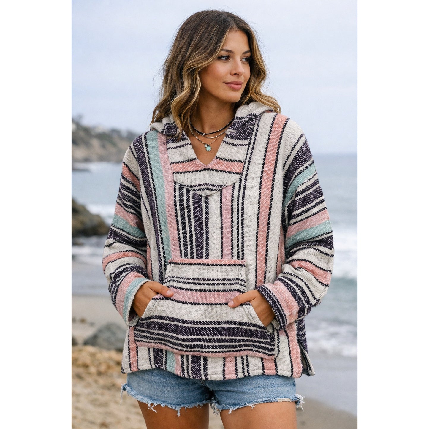 Vintage Baja Jack Mexican Blanket Large Hoodie Pullover Pastel Stripe 2000s
