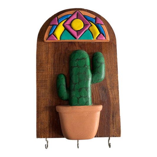 Handmade Southwest Cactus Wall Key Holder Wood Plaque with Hooks