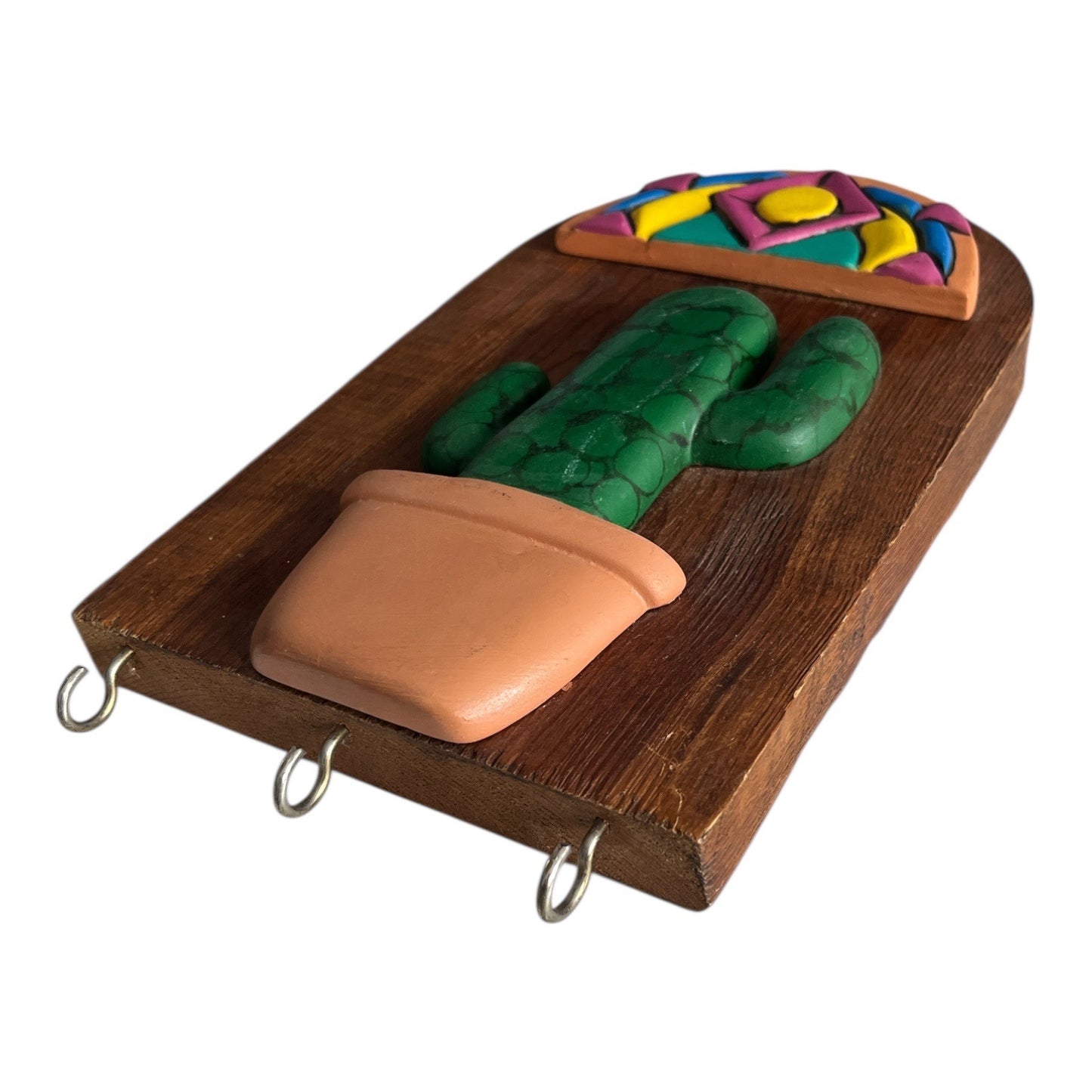 Handmade Southwest Cactus Wall Key Holder Wood Plaque with Hooks