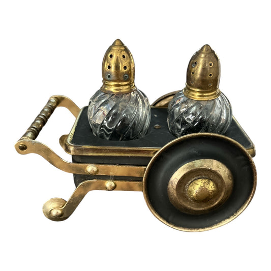 Vintage 1950s Brass & Glass Salt and Pepper Shaker Set in Wheelbarrow Cart – Souvenir of Natural Bridge, VA