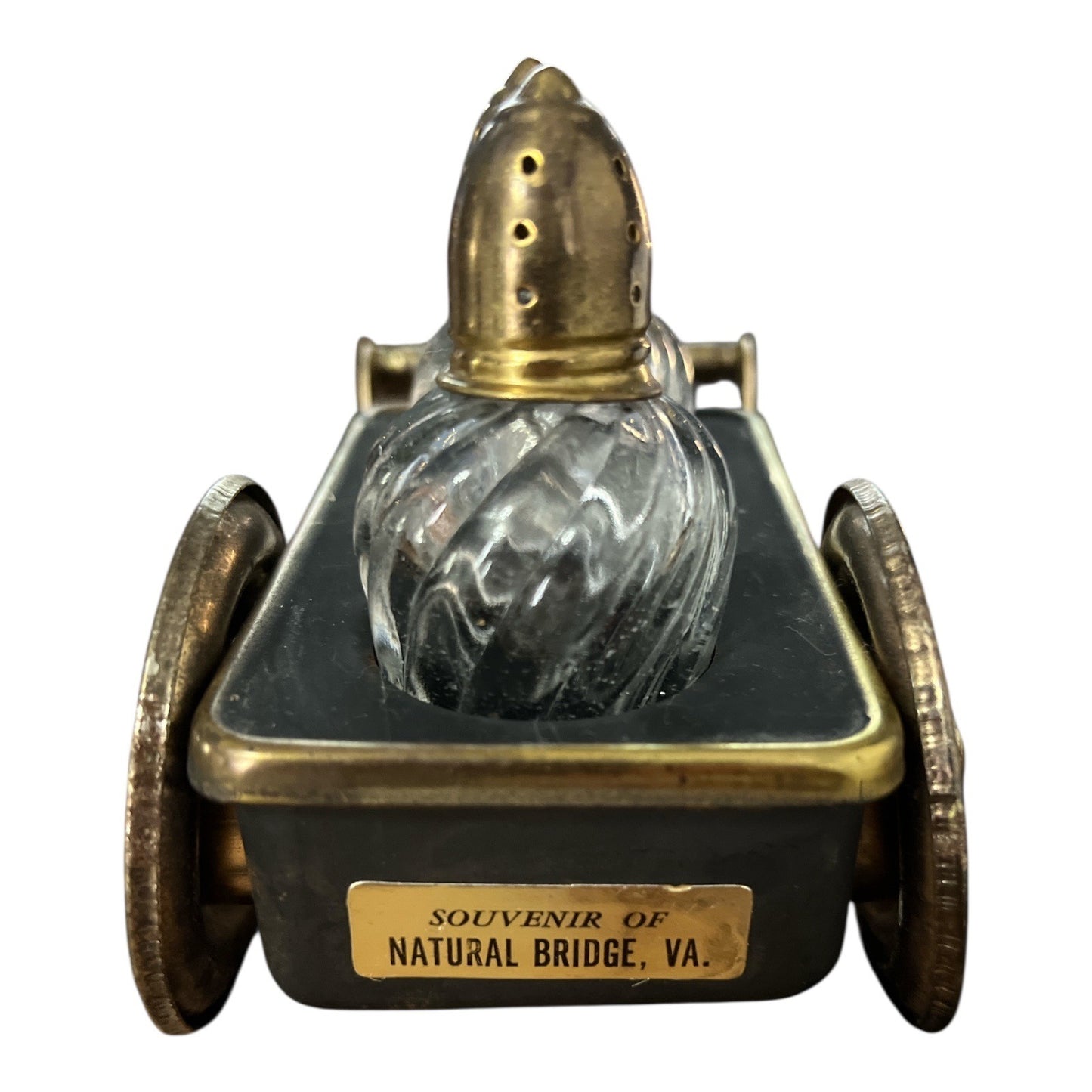 Vintage 1950s Brass & Glass Salt and Pepper Shaker Set in Wheelbarrow Cart – Souvenir of Natural Bridge, VA