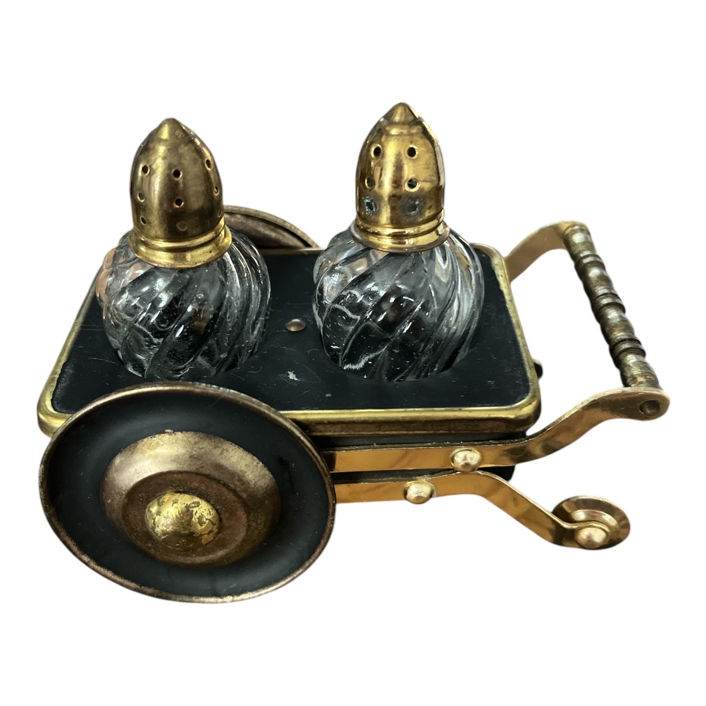 Vintage 1950s Brass & Glass Salt and Pepper Shaker Set in Wheelbarrow Cart – Souvenir of Natural Bridge, VA