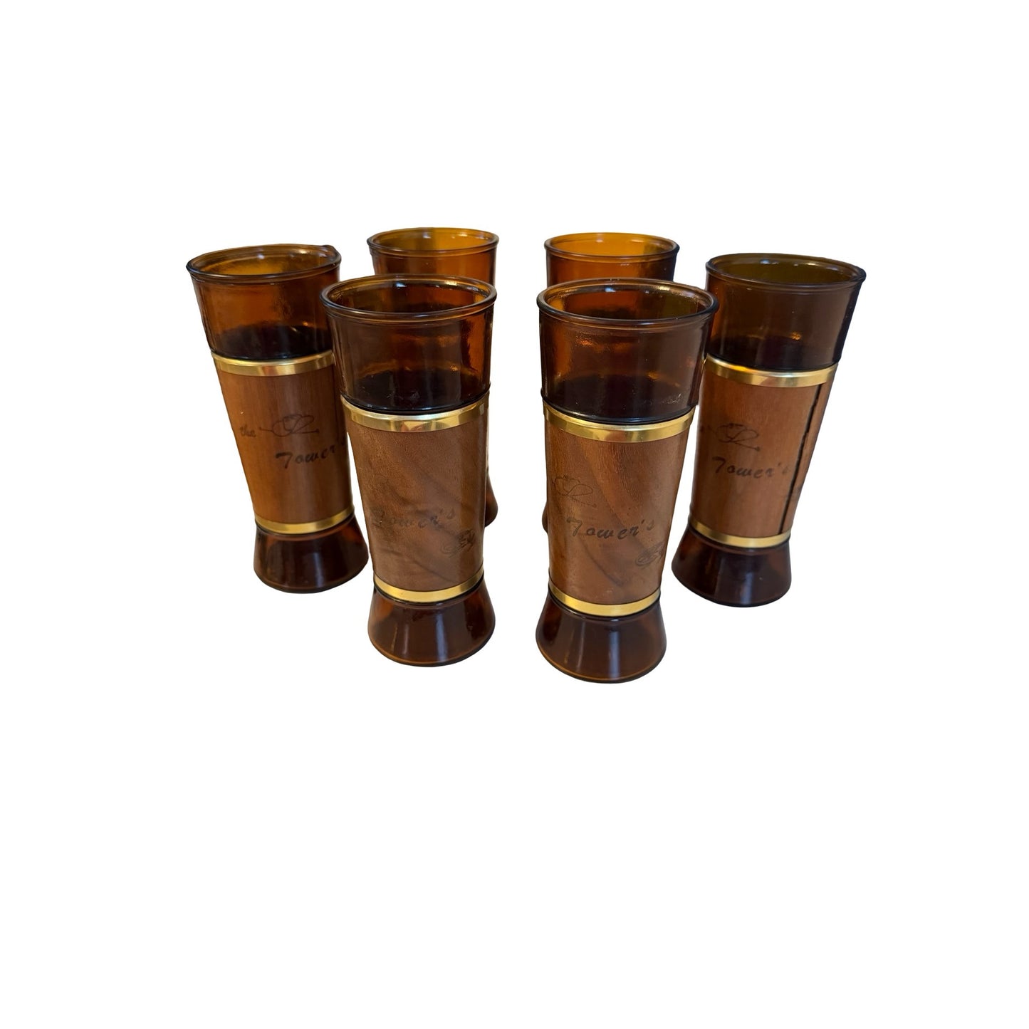 Vintage The Tower's Amber Glass Tumblers Genuine Walnut Wood Jackets Set of 6 MCM Barware