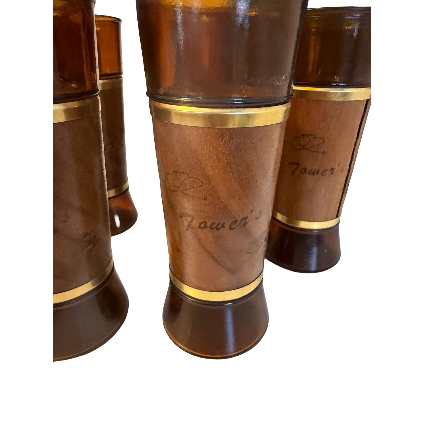 Vintage The Tower's Amber Glass Tumblers Genuine Walnut Wood Jackets Set of 6 MCM Barware