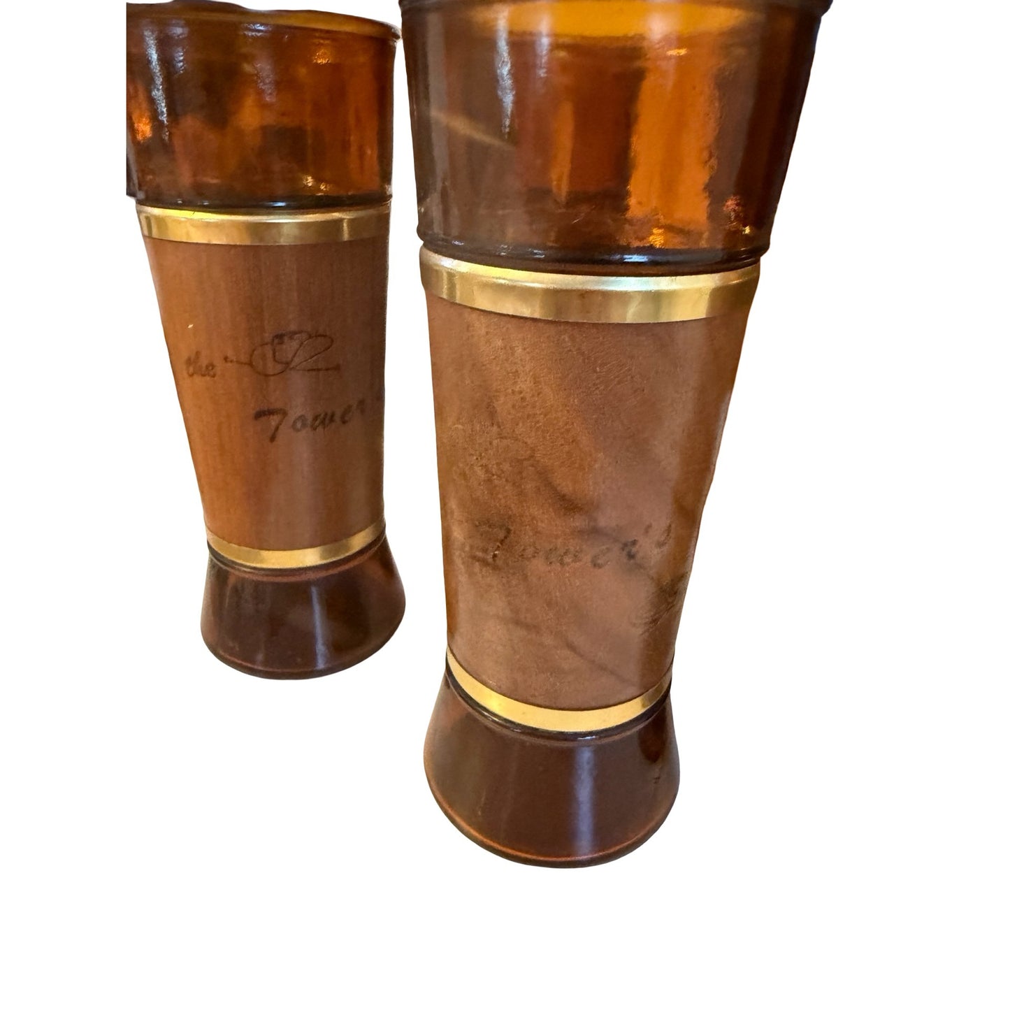 Vintage The Tower's Amber Glass Tumblers Genuine Walnut Wood Jackets Set of 6 MCM Barware