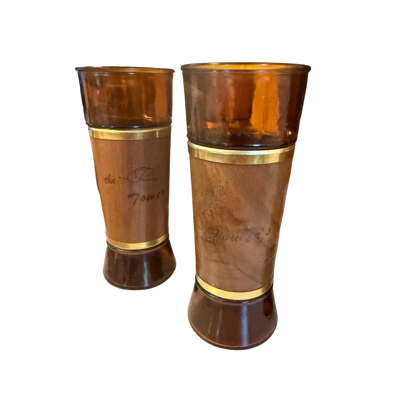 Vintage The Tower's Amber Glass Tumblers Genuine Walnut Wood Jackets Set of 6 MCM Barware