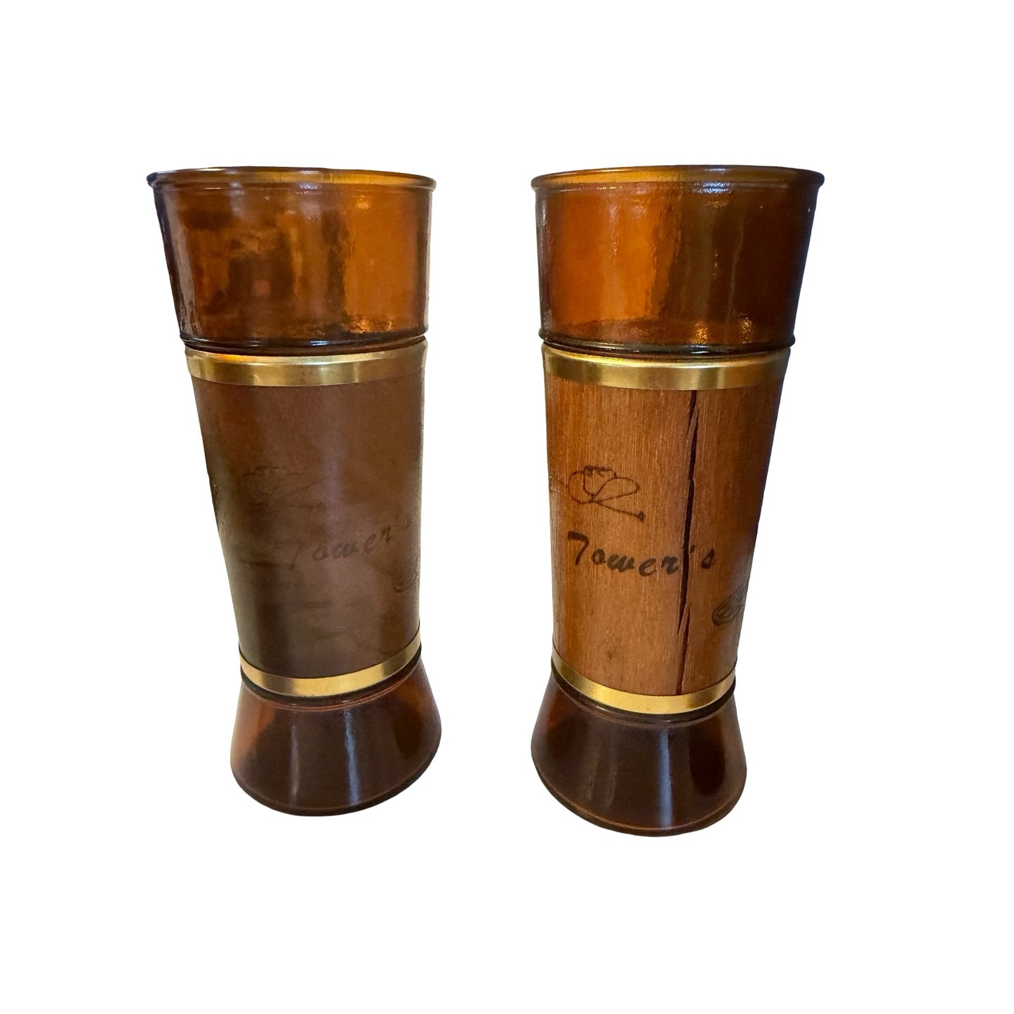 Vintage The Tower's Amber Glass Tumblers Genuine Walnut Wood Jackets Set of 6 MCM Barware