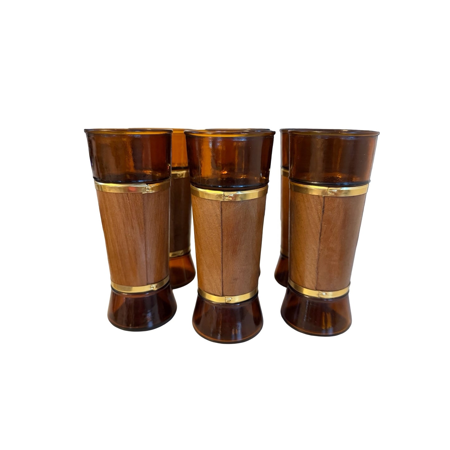 Vintage The Tower's Amber Glass Tumblers Genuine Walnut Wood Jackets Set of 6 MCM Barware