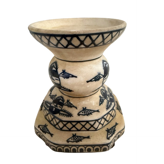 Vintage Hand Painted Ceramic Pillar Candle Holder or Oil Warmer Fish Motif Decorative Pottery