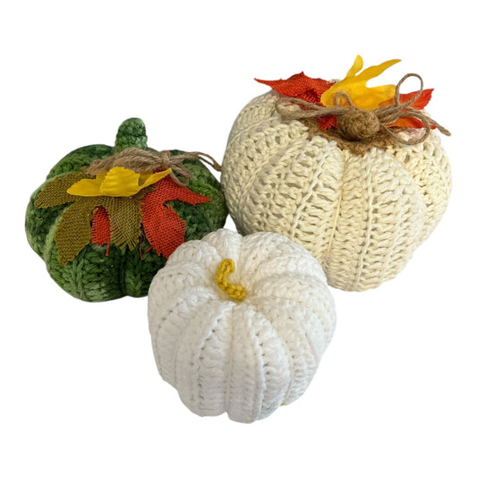 Handmade Set of 3 Crocheted Pumpkins – Fall Harvest Decor – White, Cream & Green