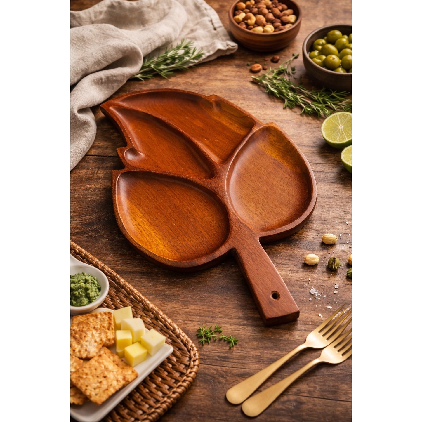 Vintage Haitian Mahogany Leaf-Shaped Divided Serving Tray Sidney Farber