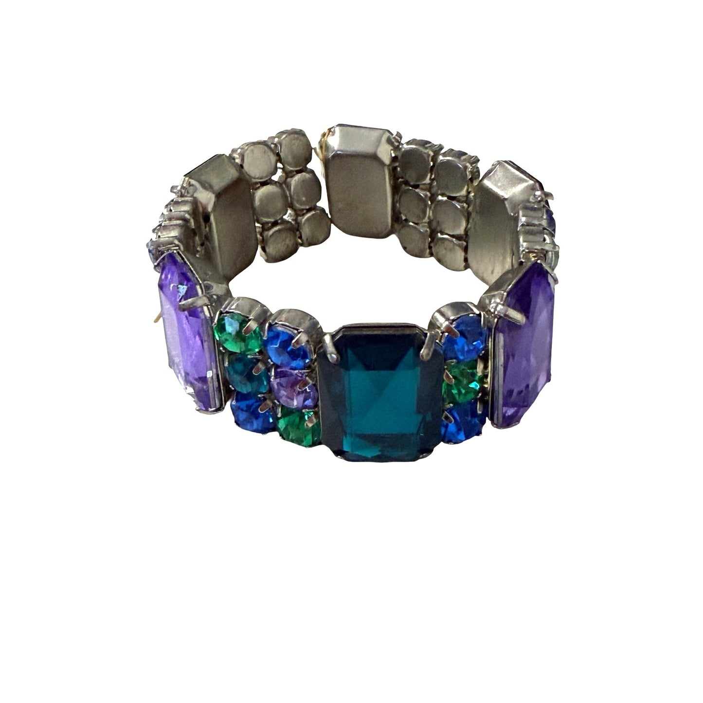 Vintage Stretch Rhinestone Bracelet Purple Blue Green Faceted Statement Jewelry