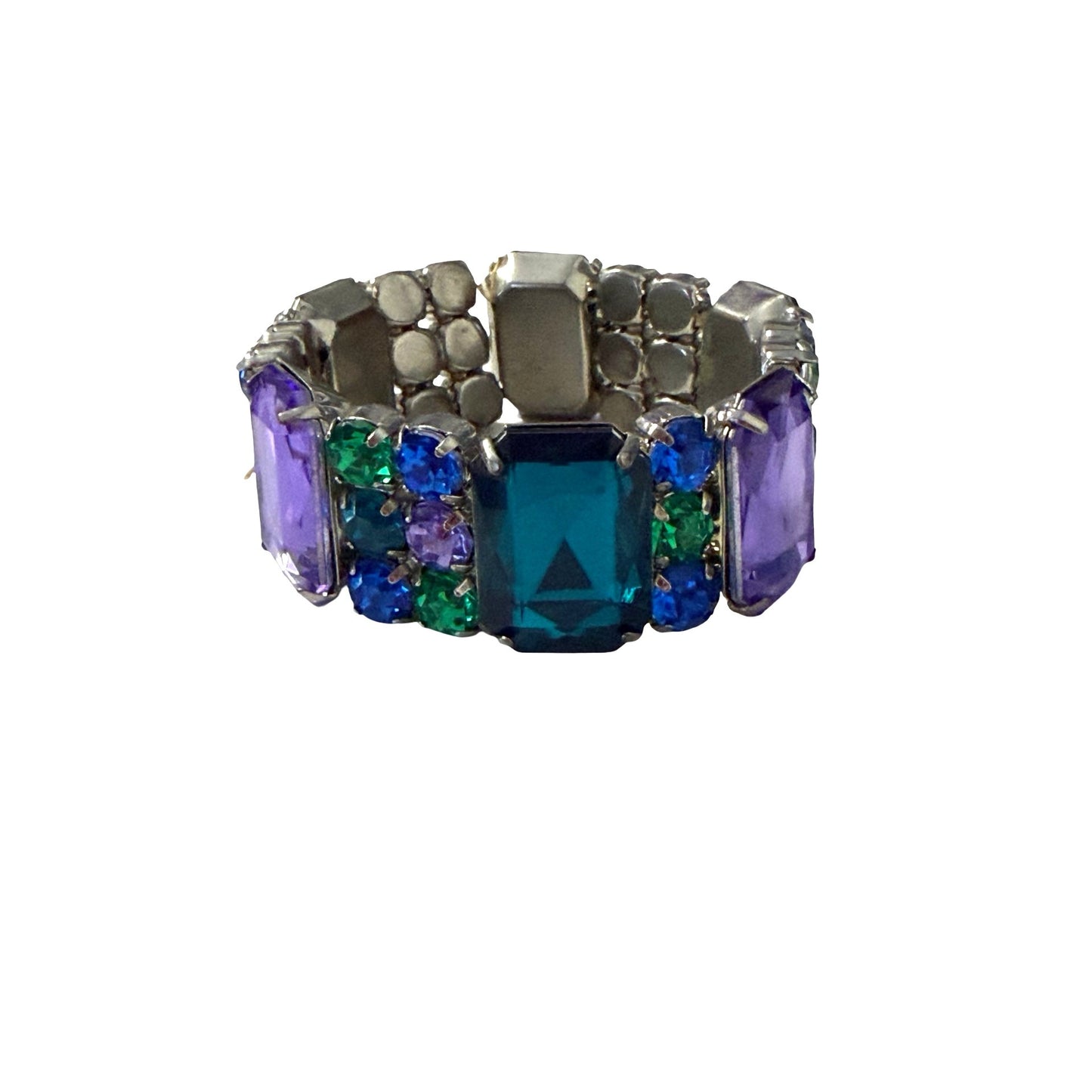 Vintage Stretch Rhinestone Bracelet Purple Blue Green Faceted Statement Jewelry