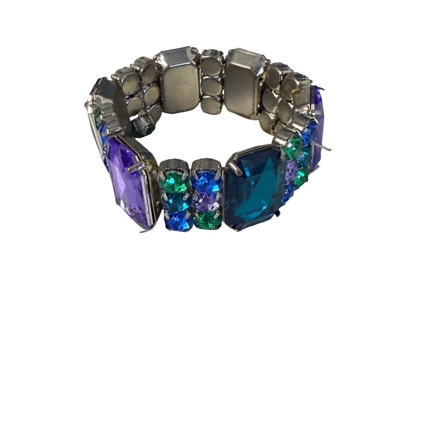 Vintage Stretch Rhinestone Bracelet Purple Blue Green Faceted Statement Jewelry