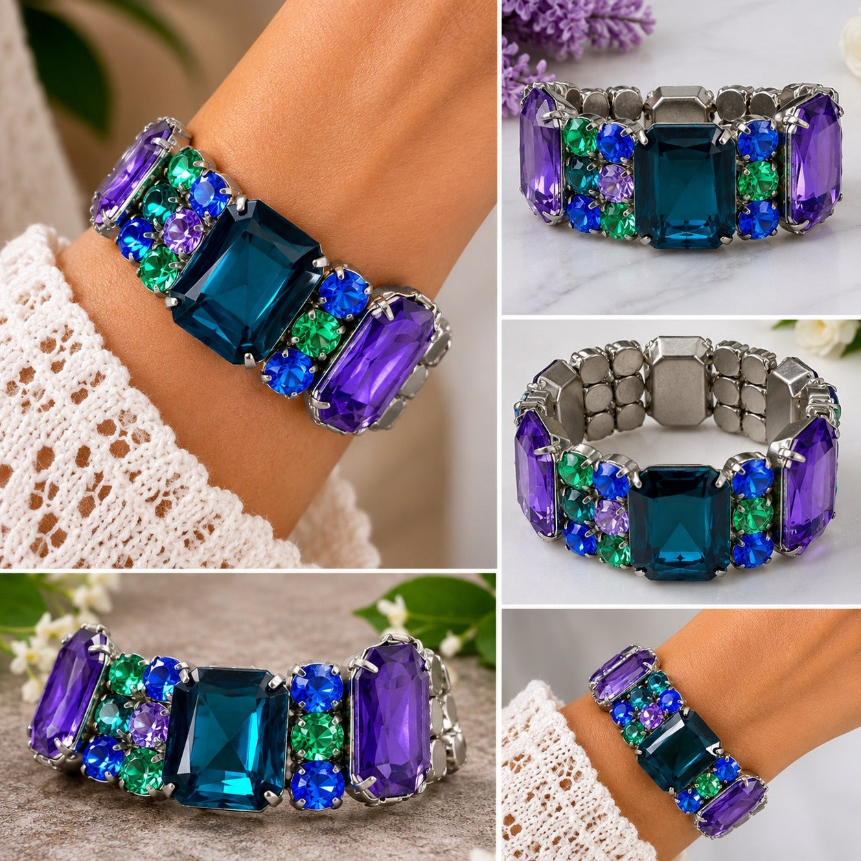 Vintage Stretch Rhinestone Bracelet Purple Blue Green Faceted Statement Jewelry