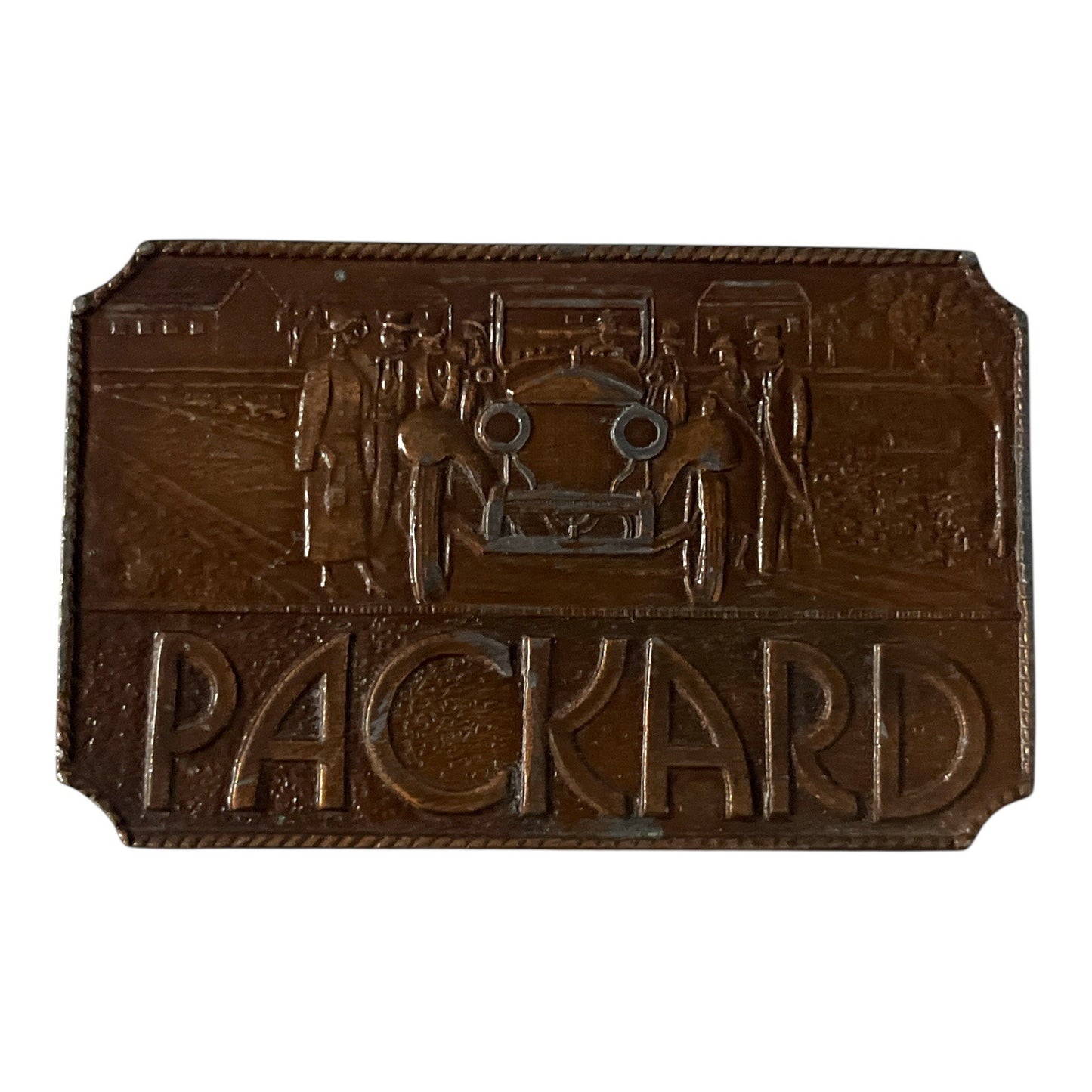 Vtg Packard Automobile Belt Buckle Art Deco Car Scene Solid Metal