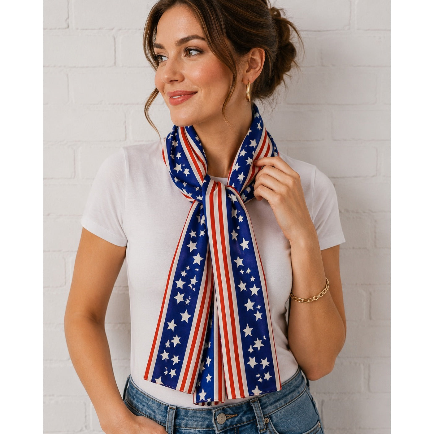 Vintage Patriotic Stars & Stripes Scarf Red White Blue Americana Oblong Wrap 42x10.5