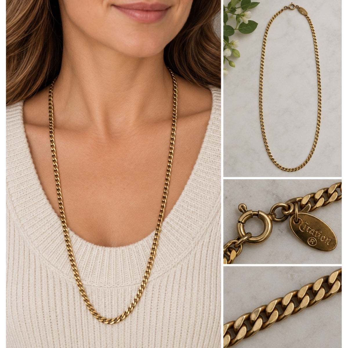 Vintage Citation Gold Tone Flat Curb Chain Necklace 23 Inch