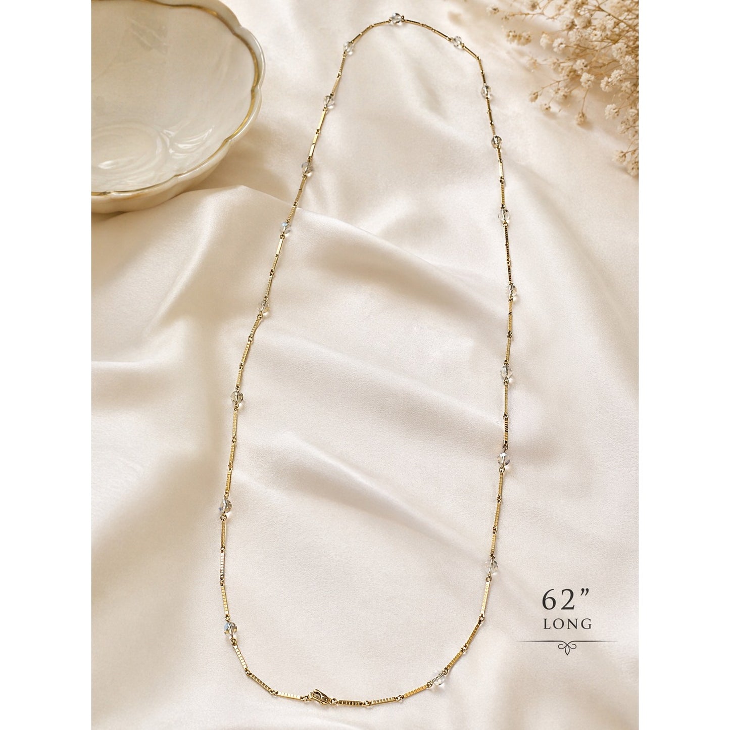 Vintage Gold Tone Station Necklace Crystal Beads Long 62” Chain Retro 90s Y2K