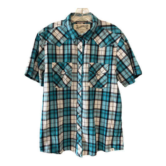 Roebuck & Co. Men’s L Plaid Pearl Snap Western Shirt – Blue/Black/White – 2010s