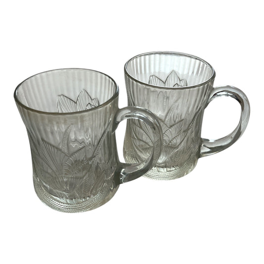 Vintage Arcoroc France Clear Glass Mugs – Floral Leaf Pattern – Set of 2 – 4" Coffee/Tea Cups