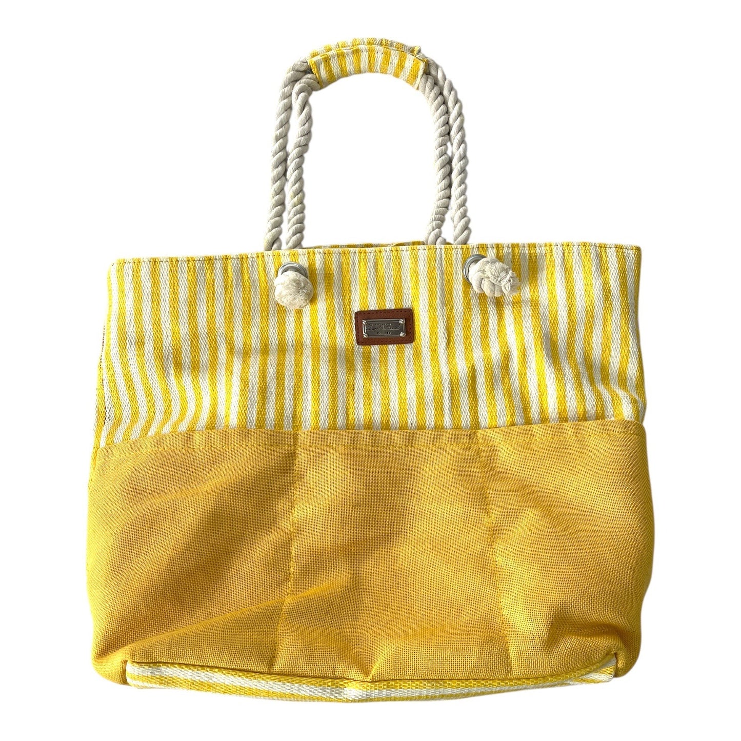 Sun N Sand Yellow White Striped Rope Handle Beach Tote Bag Zip Top