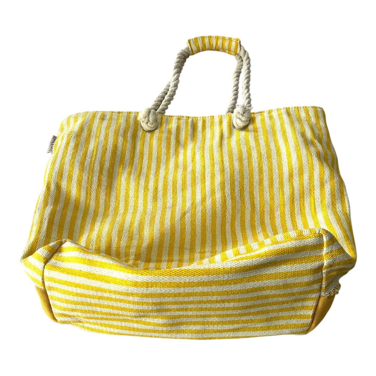 Sun N Sand Yellow White Striped Rope Handle Beach Tote Bag Zip Top