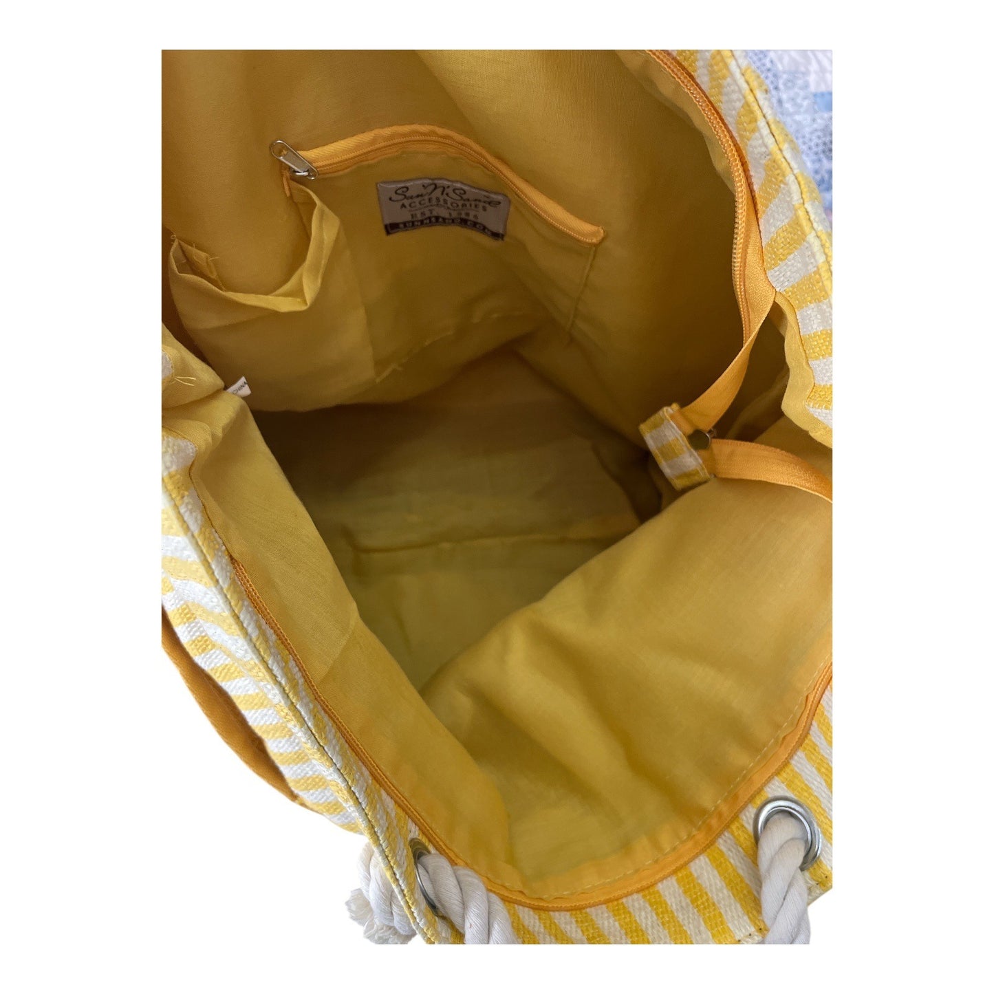Sun N Sand Yellow White Striped Rope Handle Beach Tote Bag Zip Top