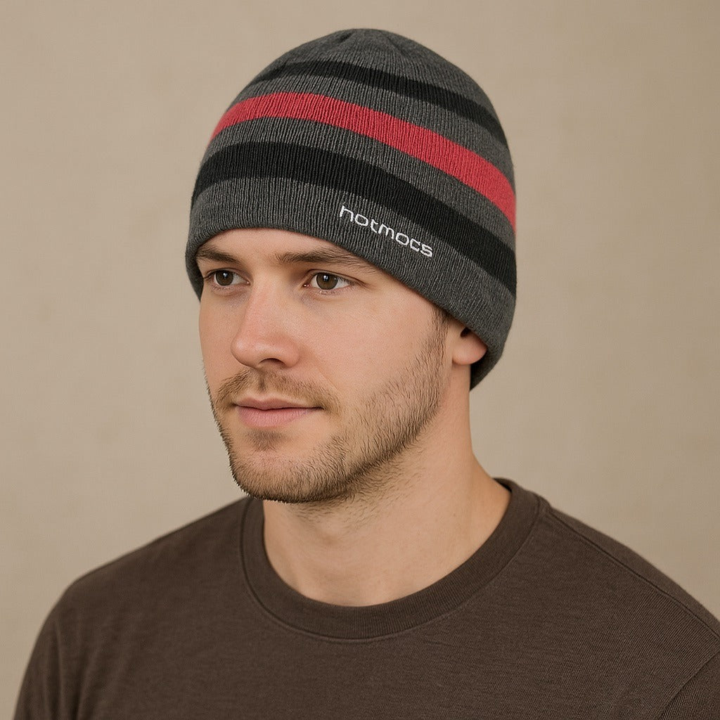 HotMocs Stripe Beanie Hat One Size Gray Pink Fleece Lined