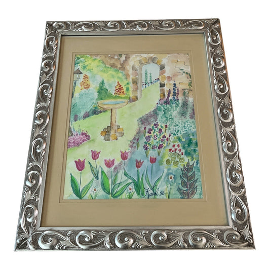 Original Watercolor Garden Scene – Signed Karyl 1998 – Framed 21x17