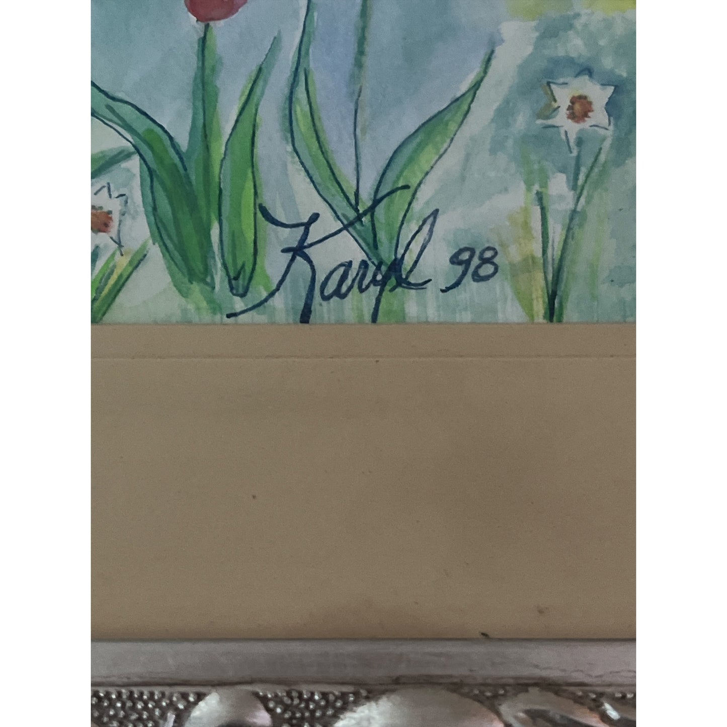 Original Watercolor Garden Scene – Signed Karyl 1998 – Framed 21x17